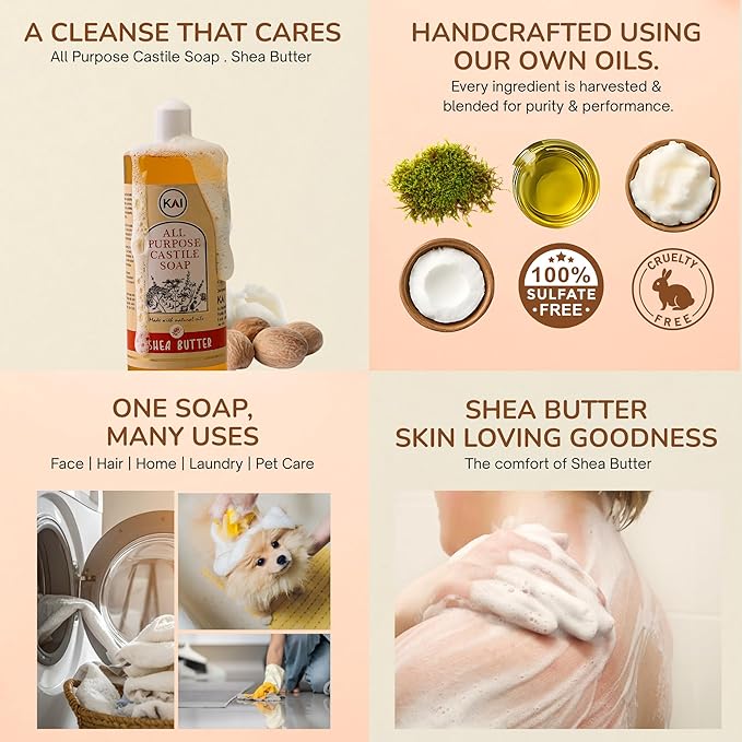 Shea Butter Liquid Castile Soap; Concentrated and All-Purpose; Use for All Natural Body Wash, Face Cleanser, Hair Shampoo, Hands, Dishes, Laundry, Floors, and Pets; 32 Ounce (1 Pack)