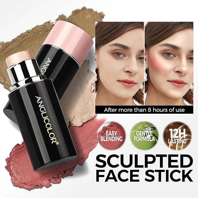 Highlighter Long Lasting, Contour Stick Makeup Naturally, Blush Makeup Smoothing, High Color Rendering, Easy To Mix, Vegan & Cruelty-Fre (Contour Stick+Highlighter)