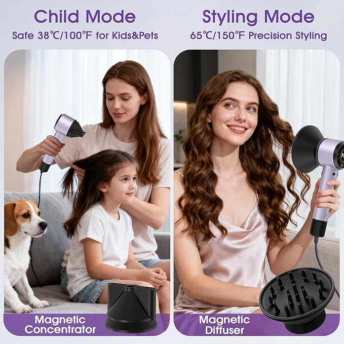 Ionic Hair Dryer with Auto-Adjusting Sensor,AI Hair Dryer with Magnetic Diffuser,100000 RPM High-Speed Hair Blow Dryer for Fast Drying,Compact Blow Dryer with 500M Plasma,Blow Dryer for Women(Purple)