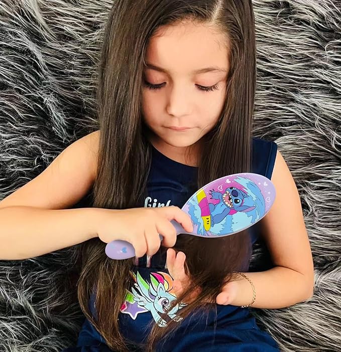 LUV HER Lilo & Stitch Hair Accessory 5 Pcs Set - 1 Regular 9 inch Stitch Hairbrush & 4 Scrunchies - Detangling Brush - Elastic Hair Ties Ropes for Girls, Ages 3+
