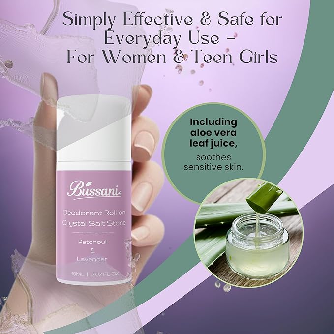 Bussani Women's Roll-On Deodorant | Salt Stone Formula, Long-Lasting & Aluminum-Free | 24-Hour Odor Protection | Gifts for Her ֻ| Fragrance: Lavender Patchouli Scent, 2.02 fl oz, Pack of 3