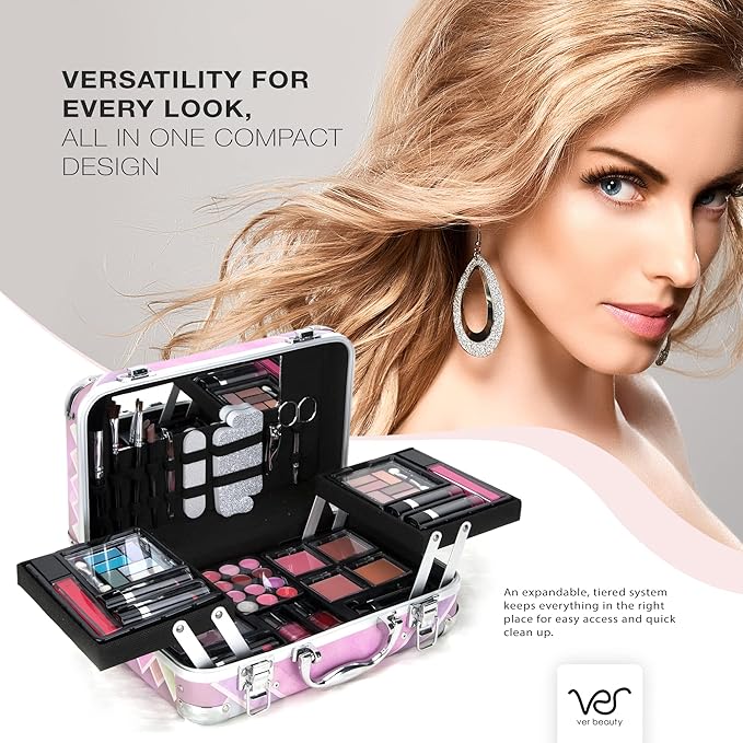 VER Beauty 61 pcs All-In-One Makeup Kit For Woman, Girls & Teens, Full Kit, Makeup Gift Set Eyeshadow Lipstick Lip Gloss Multi-Color Lip Balm Rouge Nail Enamel Mascara Tweezer Scissor Filer (Pink)