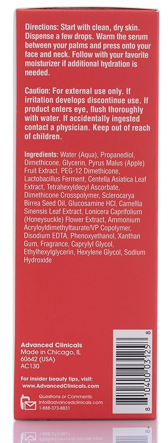 Advanced Clinicals Cica Serum Moisturizing Anti-Wrinkle Face Serum Plumps, Lifts, Evens Skin Tone, Reduces Redness Made with Natural Extracts in the USA, 1.75 fl. oz.