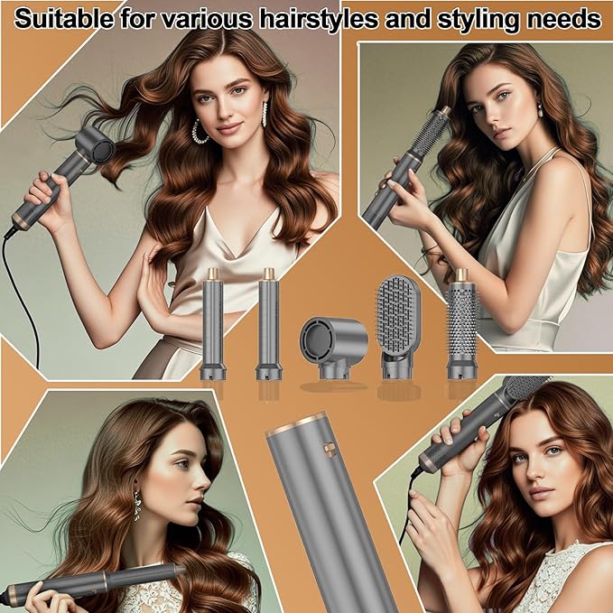 5 in 1 Hair Dryer Brush Hot Air Curling Brush Negative Ion Air Styler，Multi Function Blow Dryer Brush with Curling Wand, Straightening Brush, and Volumizing Hot Air Brush （Ash Gold）