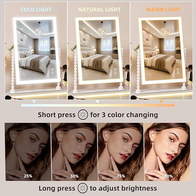 VANITII Vanity Makeup Mirror 12”x16” Hollywood Mirror with Lights and Smart Speaker Desk Mirror 3 Lighting Modes Touch Control for Dormitory Bedroom