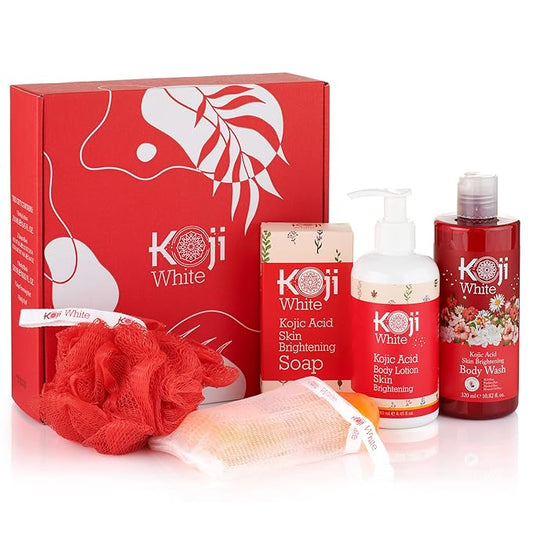 Koji White Gift Set for Women Bath Set - Kojic Acid Soap, Body Wash and Body Lotion for Glowing Skin, Moisturizer, Nourishing, Even Skin Tone, Vegan Skincare Gift Set (3 Pcs)