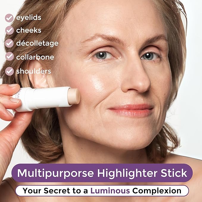 InstantGlow+ Multipurpose 4-in-1 Highlighter Stick For Older Women - Radiant Glow & Nourishing Formula - For Face, Shoulders, Decolletage - For Sensitive Eyes (Vanilla, Regular)