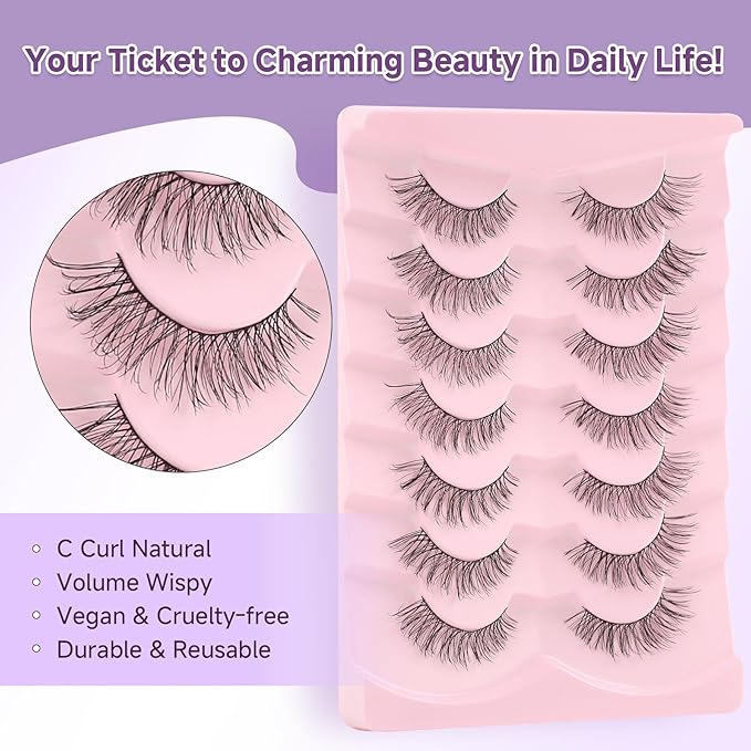 Lashes False Eyelashes Natural Cat Eye Lashes 13mm Wispy Eyelash Thin Memory Band Volume Wispy Lash Strips C Curl Fake Eyelashes 7 Pair EVENTILL