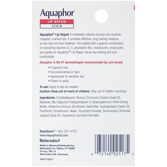 Aquaphor Lip Balm Set with Jojoba Oil and Shea Butter, Lip Repair Stick (2 x 0.17 Oz) + Repair Stick with Sunscreen SPF 30 (2 x 0.17 Oz), Fragrance Free, Paraben Free, Immediately Relieves Dryness