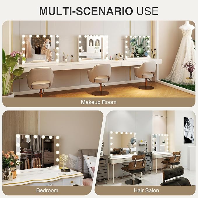 Vanity Makeup Mirror with Lights,Hollywood Vanity Mirror with 3 Color Modes,Lighted Vanity Mirror with Dimmable LED Bulbs &10X Magnification for Desk,Bedroom,Tabletop (White, 20.5" x 15.7")