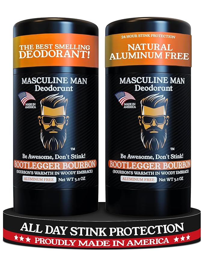 Deodorant for Men - Aluminum Free Mens Deodorant, Travel Size Natural Deodorants, Sweat Protection for Underarm, Stain-Free Deodorants, Made in USA, 3.2oz (2 Pack, Bootlegger Bourbon)