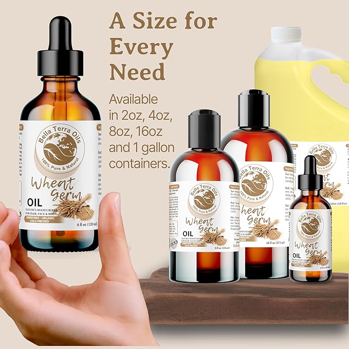Bella Terra Oils - Organic Wheat Germ Oil 4oz - A Symphony of Vitamin E & C, Pure Essence of Face Oil, Dive into Natural Glow & Suppleness