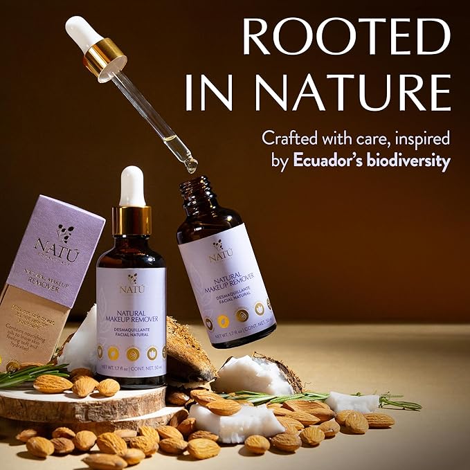 NATÚ BOTANICALS Natural Makeup Remover Oil – Non-Greasy Gentle Cleanser, Lip & Eye Makeup Remover - Nourishing & Hydrating Cleansing Oil for Face Leaving Skin Soft & Radiant - Clean & Natural
