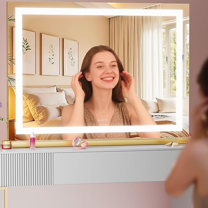 Vanity Mirror with Lights, 32" x 22" LED Makeup Mirror with 10X Magnification, Dimmable 3 Modes, Memory Function, Smart Touch, USB Charging Port, Lighted Makeup Mirror Square Glod
