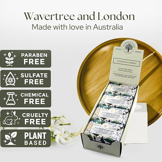 Wavertree & London Frangipani and Gardenia Scented Natural Soap (8 Bars), 7oz Moisturizing French Triple Milled Soap Bars enriched with shea butter - Pure Plant Oil Bath & Body Bars for All Skin Types