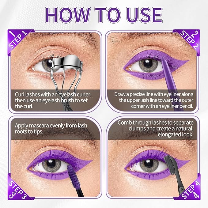 Purple Mascara and Eyeliner Set,5D Colored Mascara Volume and Length Waterproof,Natural Curling rimel de pestañas,Suitable for Women Eye Makeup