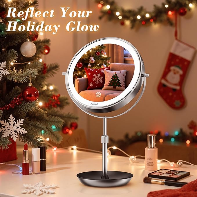 Auxmir 9" Large Lighted Makeup Mirror with Magnification, 1X/30X Double Sided Magnifying Mirror with Adjustable Height, Rechargeable Vanity Mirror with 3 Color Dimmable Lights, 360° Rotation