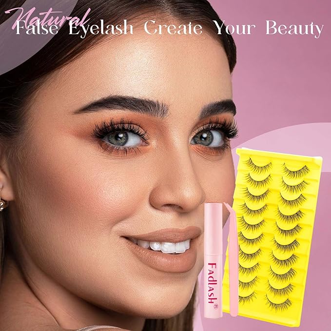False Eyelashes Natural Kit Cat Eye Lashes with Thin Band Wear Comfortable Black Fake Lashes 10 Pairs Lash Applicator Tool at Home by FADLASH, BY004