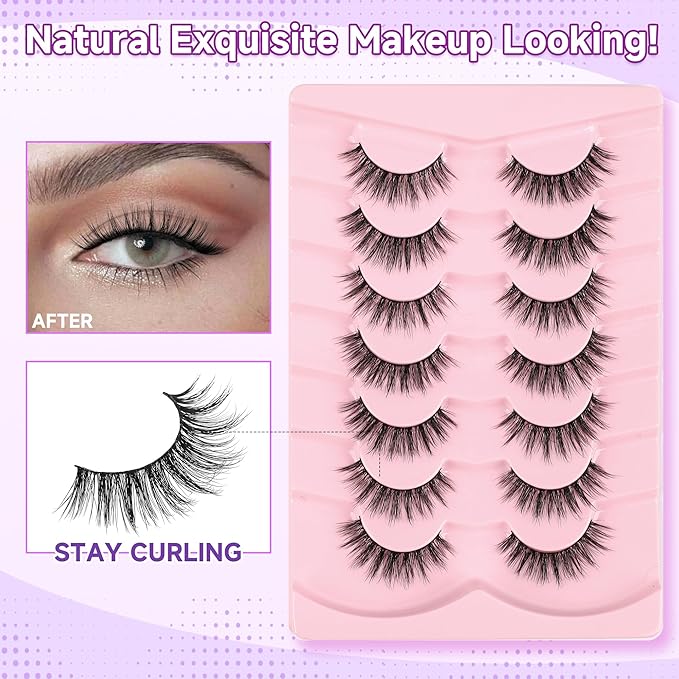 Lashes False Eyelashes Natural 16mm Wispy Eyelashes Thin Band Fluffy Lashes 3D Volume False Lashes Soft Strip Lashes Pack C Curl Natural Eyelashes Fake Lashes 7 Pair EVENTILL