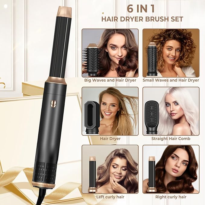 6 in 1 Hair Dryer Brush, Blow Dryer Brushies Ionic Hair Dryer, Oval Hot Air Brush, Hair Curler Straightener Magic Styler Autowrap Air Styler.