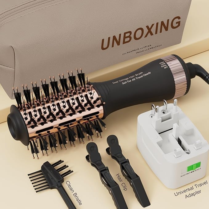 Dual Voltage Blow Dryer Brush Travel Hair Dryer Brush in One,2 inch Oval Shape Hot Air Brush,Travel Hair Tools/Volumizer/Straightener/Curler,European Blow Dry Brush with Universal Adapter