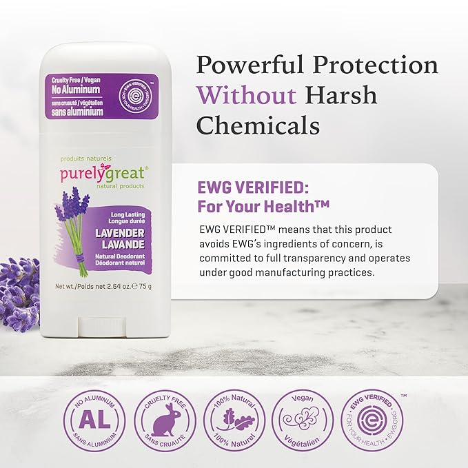 Purelygreat - Lavender Scented Natural Deodorant Stick, Travel-Friendly Hygiene Essentials for Women, Natural Deodorant for Men Without Aluminum & Parabens, 2.64 oz / 75 g