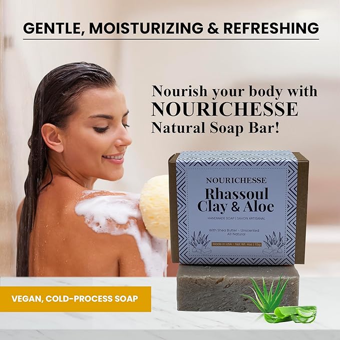 – Unscented Rhassoul Clay & Aloe Soap Bar for Men, Women | Cold Process Handmade Soap Bar for Body | Exfoliating & Moisturizing | Natural and Organic Ingredients