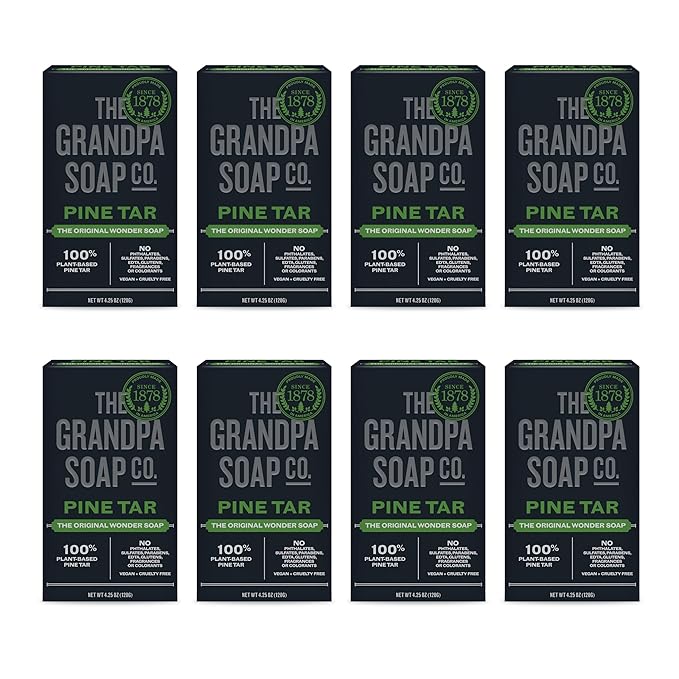 The Grandpa Soap Company Pine Tar Bar Soap for Men- Made With Pine Tar Oil, 3 in 1 Cleanser Deodorizer and Moisturizer, Dermatologist Tested, Safe for Sensitive Skin, 4.25 Oz, 8 Pack