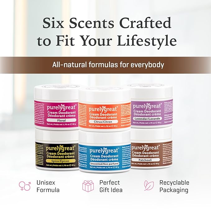 Purelygreat - Patchouli Scented Cream Deodorant, Chemical-Free Hygiene Essentials for Women, Natural Deodorant for Men with Soda & Corn Starch, No Sticky Residue, Parabens & BPA, 1.76 oz / 50 g