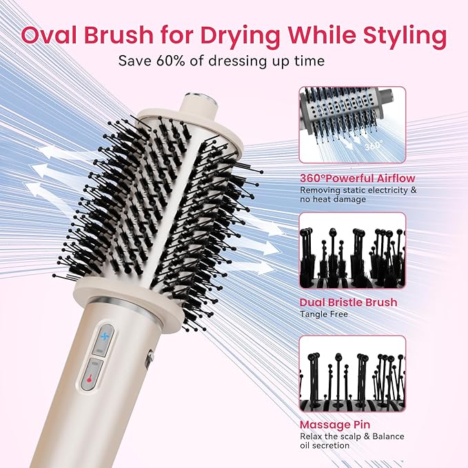 3 in 1 Hot Air Styler - Professional Hair Dryer Brush with No Heat Damage, High-Speed Negative Ionic Hair Dryer, Frizz-Free Blow Dryer Brush for Drying Volumizing Straightening (Glod)