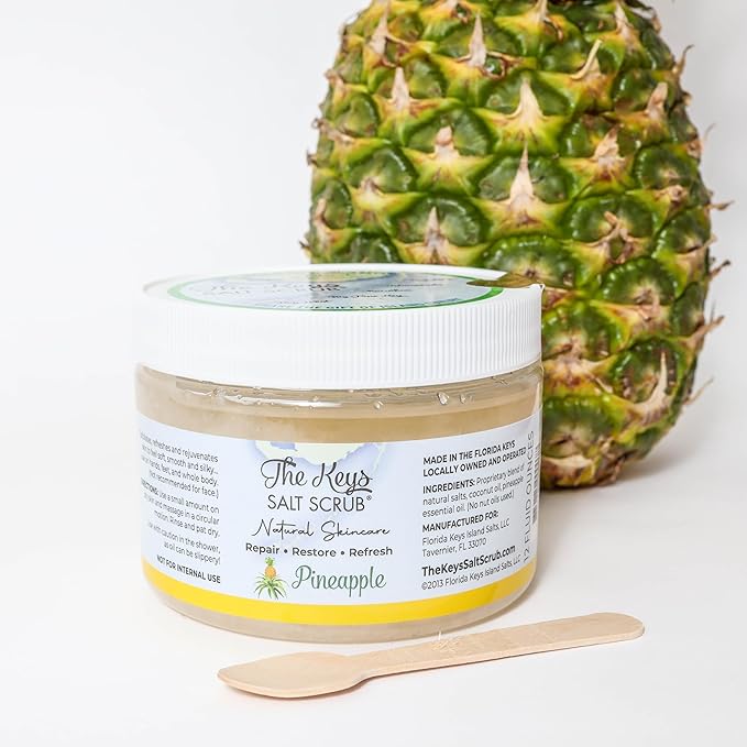 The Keys Salt Scrub -Sea Salt Scrub - Exfoliating Body Scrub with Wooden Spoon - Moisturizing Exfoliator for Hands, Foot, Bath, (Pineapple) (12 Fl Oz (Pack of 1), Pineapple)
