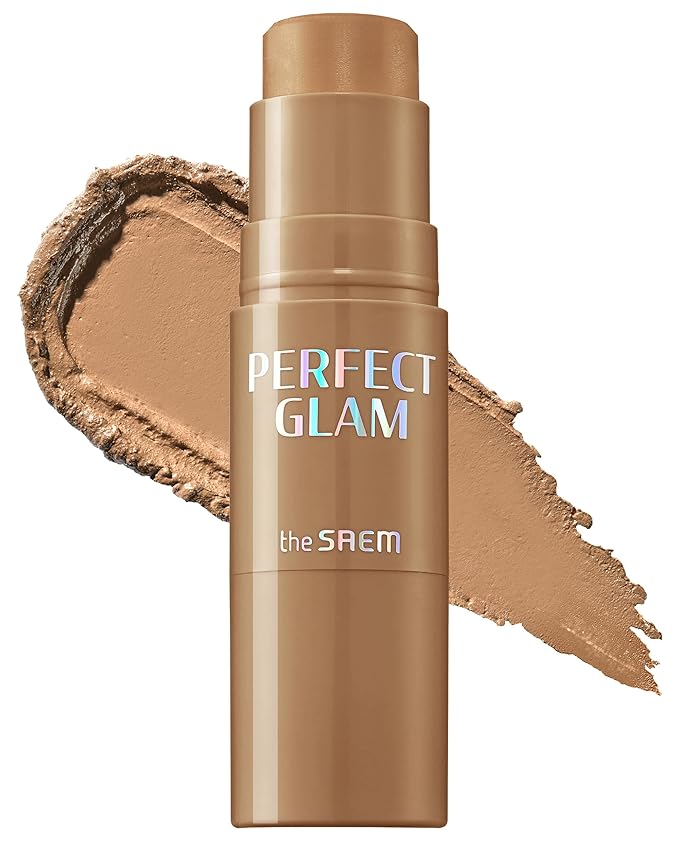 THESAEM Perfect Glam Stick Contour with Blending Sponge BR01 Brown Chou - Neutral Bronze Creamy Texture Face Contouring Balm - Silky Smooth Formula with Natural Dewy Finish, 0.2oz.