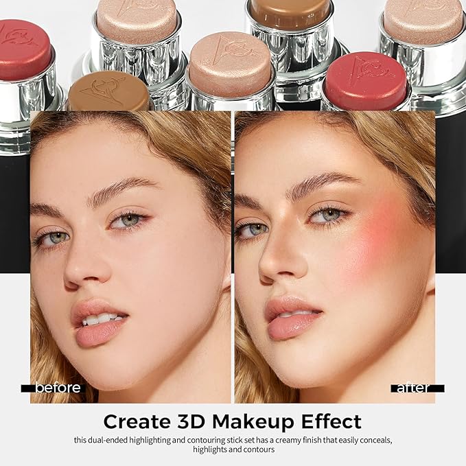 Highlighter Long Lasting, Contour Stick Makeup Naturally, Blush Makeup Smoothing, High Color Rendering, Easy To Mix, Vegan & Cruelty-Fre (Contour Stick+Highlighter)