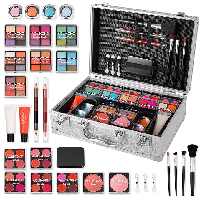 Makeup Kit for Teenager & Women Full Kit, All- In- One Makeup Set With The Cosmetic Train Case, Professional Makeup Kit, Makeup Gift Set for Women Girls(silver)