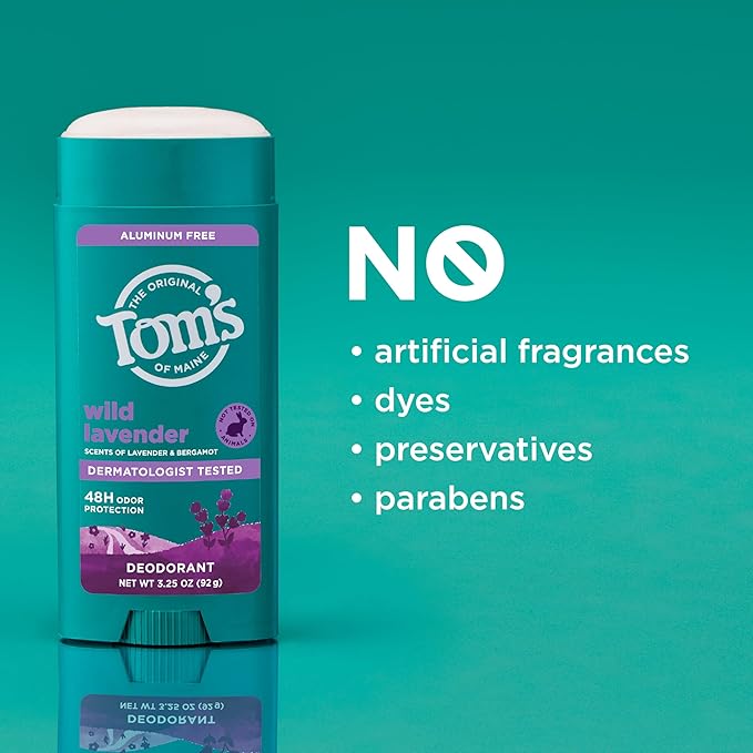 Tom’s of Maine Wild Lavender Natural Deodorant for Men and Women, Aluminum Free, No Artificial Fragrances, Dyes, or Preservatives, Baking Soda Free, 48-Hour Odor Protection, 3.25 oz (2 Pack)