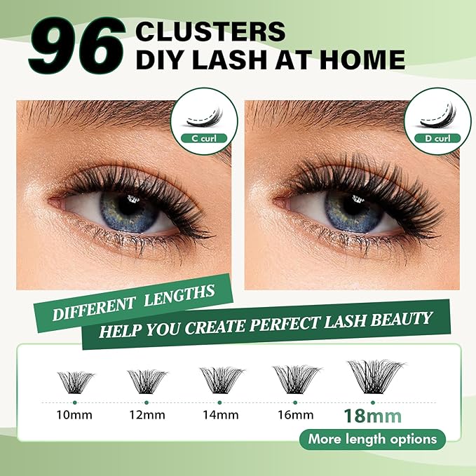 Lash Clusters 96pcs Individual Lashes Y24 D Curl 10-18MIX Eyelash Clusters KEYYOU Volume Wispy Lash Extension Soft&Comfortable Easy DIY at Home(Y24,D-10-18MIX)