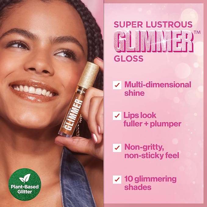 REVLON Super Lustrous Glimmer Gloss, Hydrating Lip Makeup, Non-Sticky, High-Shine Finish, Plant-Based Glitter, 010 Indigo Ice, 0.13 fl oz