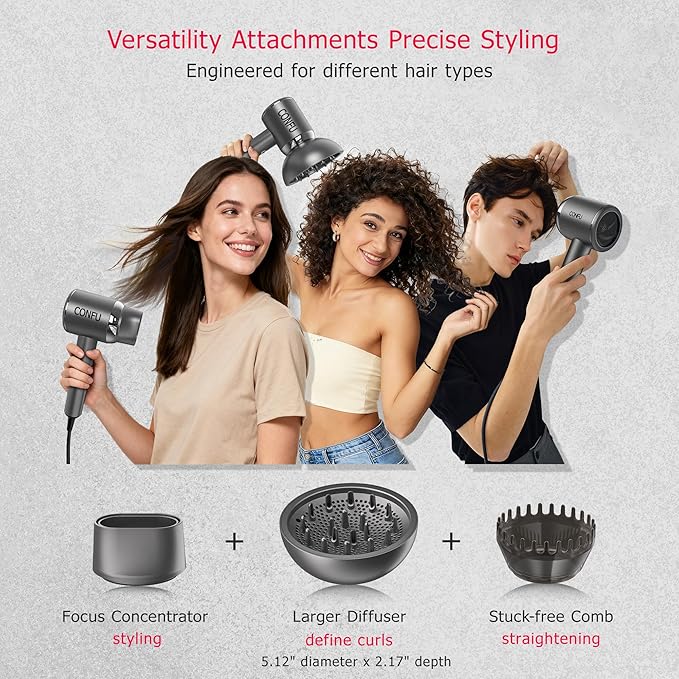 CONFU Diffuser Hair Blow Dryer - Plasma Ionic Professional 1600 Watt Hairdryer Fast Drying for Curly Hair Anti Frizz - Lightweight Portable Ion Blower Dryer for Women & Men