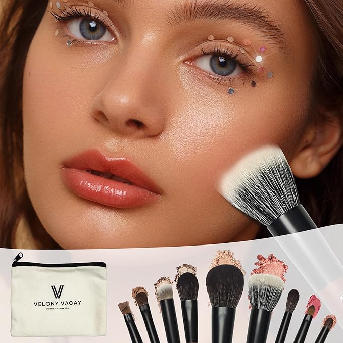 Mini Makeup Brush Set, 9 Full Face Mini Travel Make Up Brushes Set, Synthetic & Natural Hair Makeup Brushes For Blush, Eyeshadow, Conceal, Eyebrow Brush, with a compact Brush Case