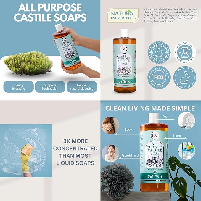 Sea Moss Liquid Castile Soap; Concentrated and All-Purpose; Use for All Natural Body Wash, Face Cleanser, Hair Shampoo, Hands, Dishes, Laundry, Floors, and Pets; 32 Ounce (1 Pack)