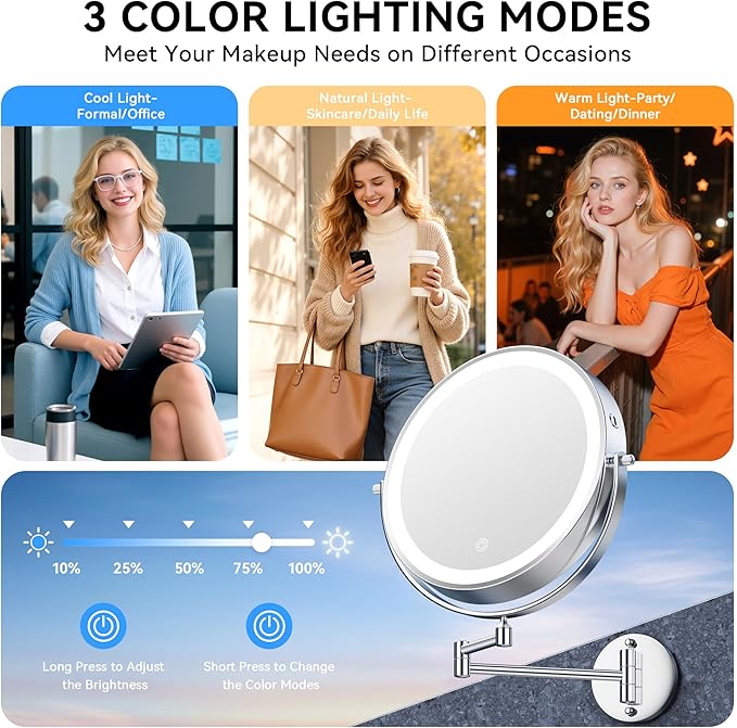 9'' 30X/1X Wall Mounted Lighted Makeup Mirror, 5000mAh Rechargeable Double-Sided Magnifying Mirror with Light, Vanity Mirror Touch Dimmable 3 Colors 360° Rotation Extended Foldable Arm, Power Adapter