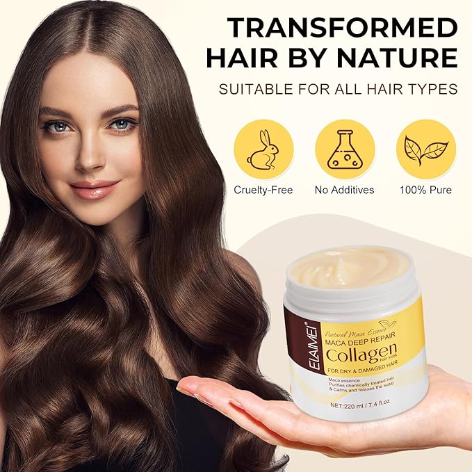 Collagen Hair Treatment Mask - 7.4 FL OZ,Deep Hydration & Repair for Dry, Damaged Hair, Natural Collagen Mask for Hair Treatment, Contain Collagen, Maca, Avocado Oil for All Hair Types