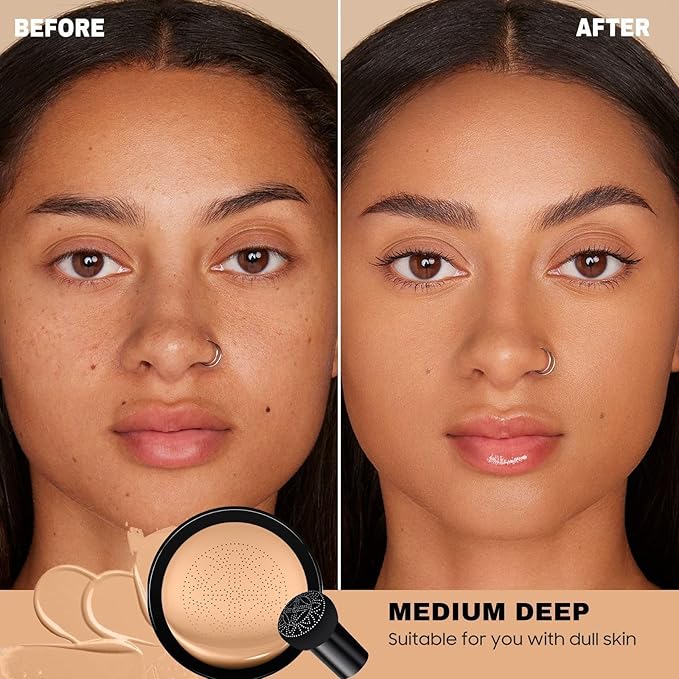 Mushroom Head Air Cushion CC Cream - Brightening & Moisturizing BB Cream Makeup Long Lasting Matte Concealer, Even Skin Tone for All Skin Types (Medium Deep, 3.21 Ounce (Pack of 1))