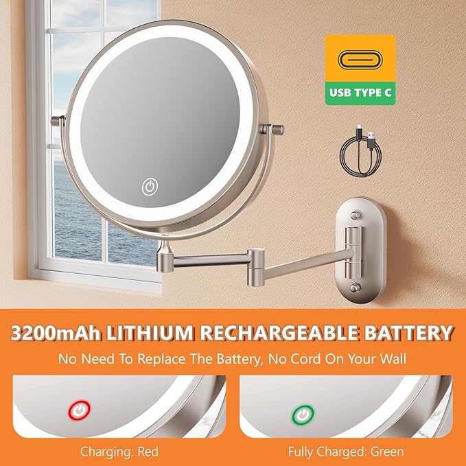 Auxmir 8'' Wall Mounted Lighted Makeup Mirror, 3200mAh Rechargeable Double-Sided 1X/20X Magnifying Mirror with Light, Touch Dimmable 3 Color Light, 360° Rotation Foldable Extended Arm, Nickel
