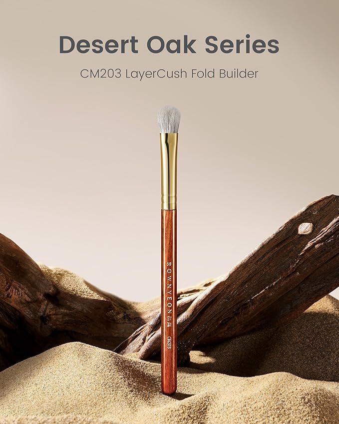 Desert Oak Series LayerCush Fold Builder - Small Arctic Fox & Goat Hair Brush for Precise Eyeshadow Placement, Luxury Bubinga Handle (CM 203)