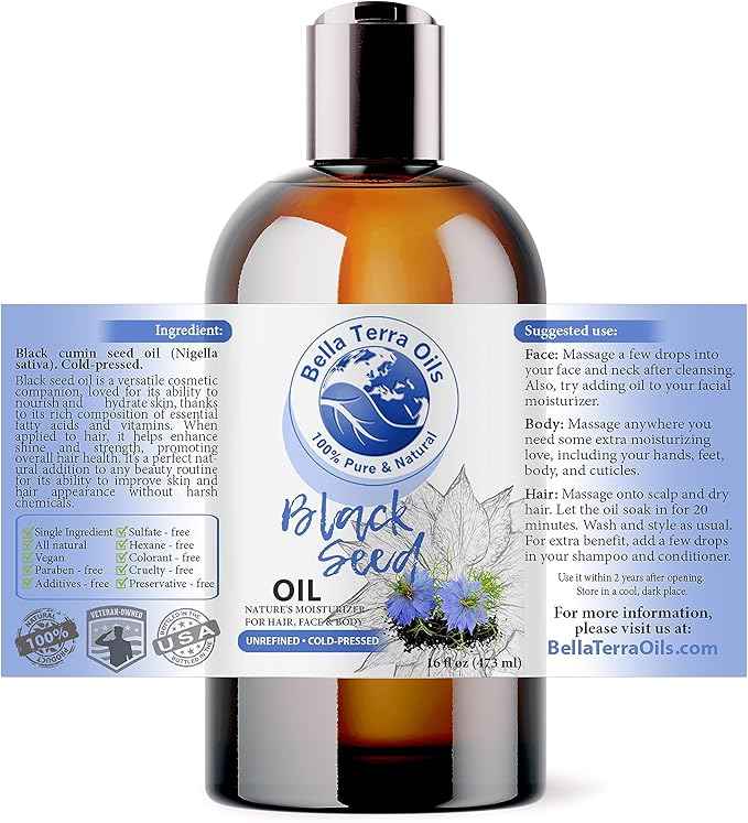 Bella Terra Oils - Black Seed Oil 16oz - Purity from Black Cumin Seeds, Bursting with Omega Fatty Acids & Vitamins, Enhance Your Beauty Regimen