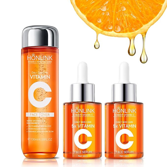 Vitamin C Skincare Set: 2x Face Serums & 1x Toner, 5X Vitamin C Complex with Hyaluronic Acid, Hydrating Facial Essence Toner & VC Serum to Refresh Skin & Improve Texture