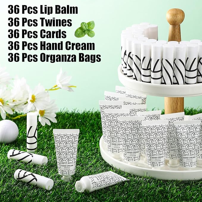 144 Pcs Volleyball Lip Balm Hand Cream Set Volleyball Party Favors, Include 36 Volleyball Lip Balm 36 Moisturizing Hand Cream 36 Bags 36 Volleyball Cards and Ropes for Volleyball Accessories