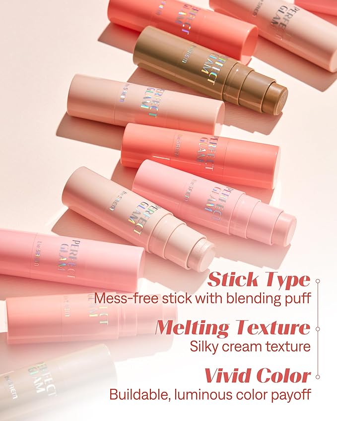 THESAEM Perfect Glam Stick Blusher with Blending Sponge PK01 Pink Fairy - Milky Pink Color Cream Blush Stick Balm for Cheeks - Silky Smooth Formula with Natural Dewy Finish, 0.2oz.