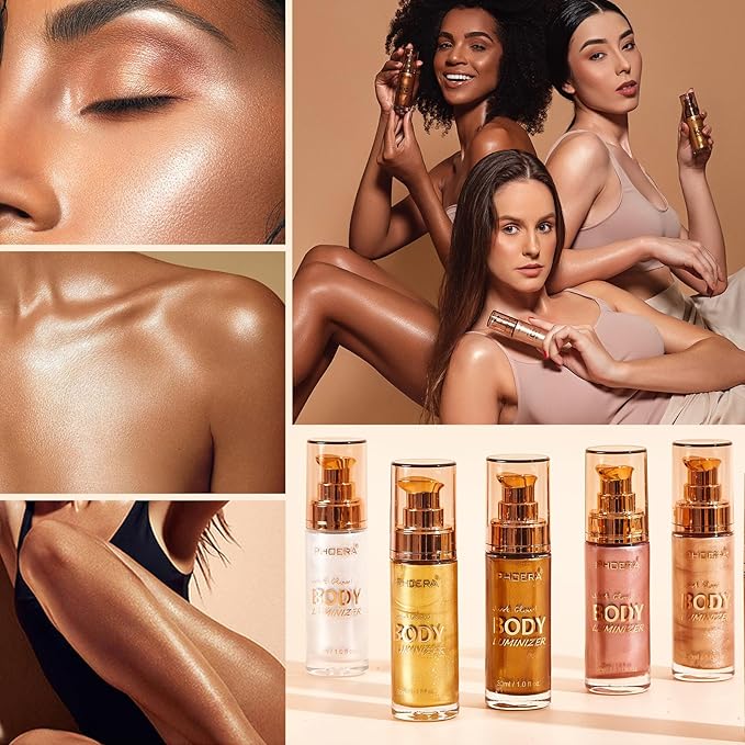 PHOERA Body Shimmer Oil, Bronzer Body Glow Highlighter Luminize with Makup Bursh,Self Tanning Lotion,1oz/Jars (101 Rose Gold)